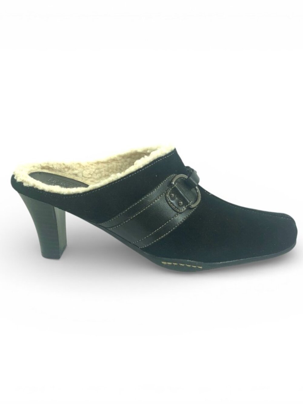 A2 Aerosoles Snapjack Mule Black Suede Faux Buckle Fleece Lined 3" Heel Size 8.5